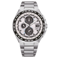 Montre Citizen en argent avec cadran blanc et indications de villes du monde.