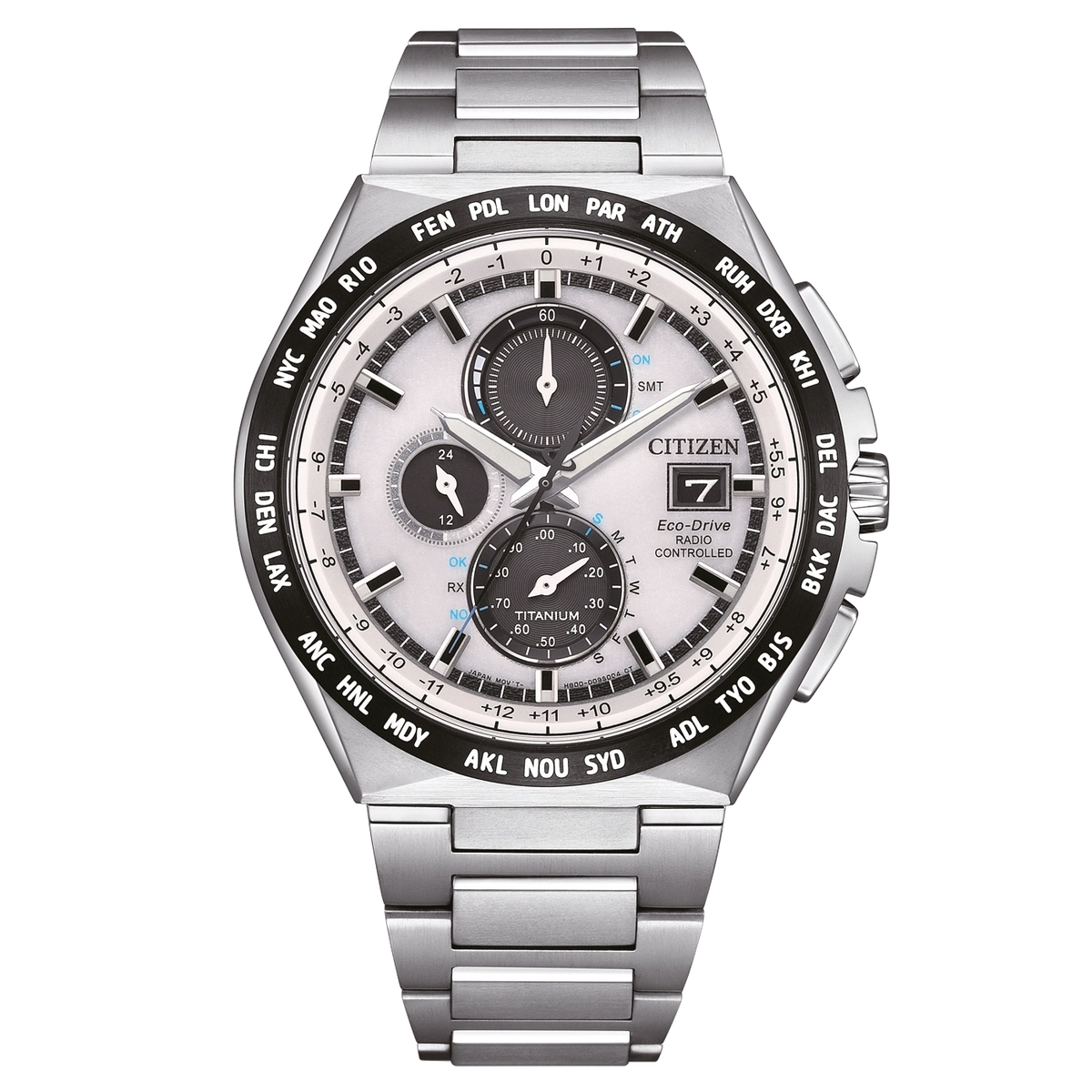 Montre Citizen en argent avec cadran blanc et indications de villes du monde.
