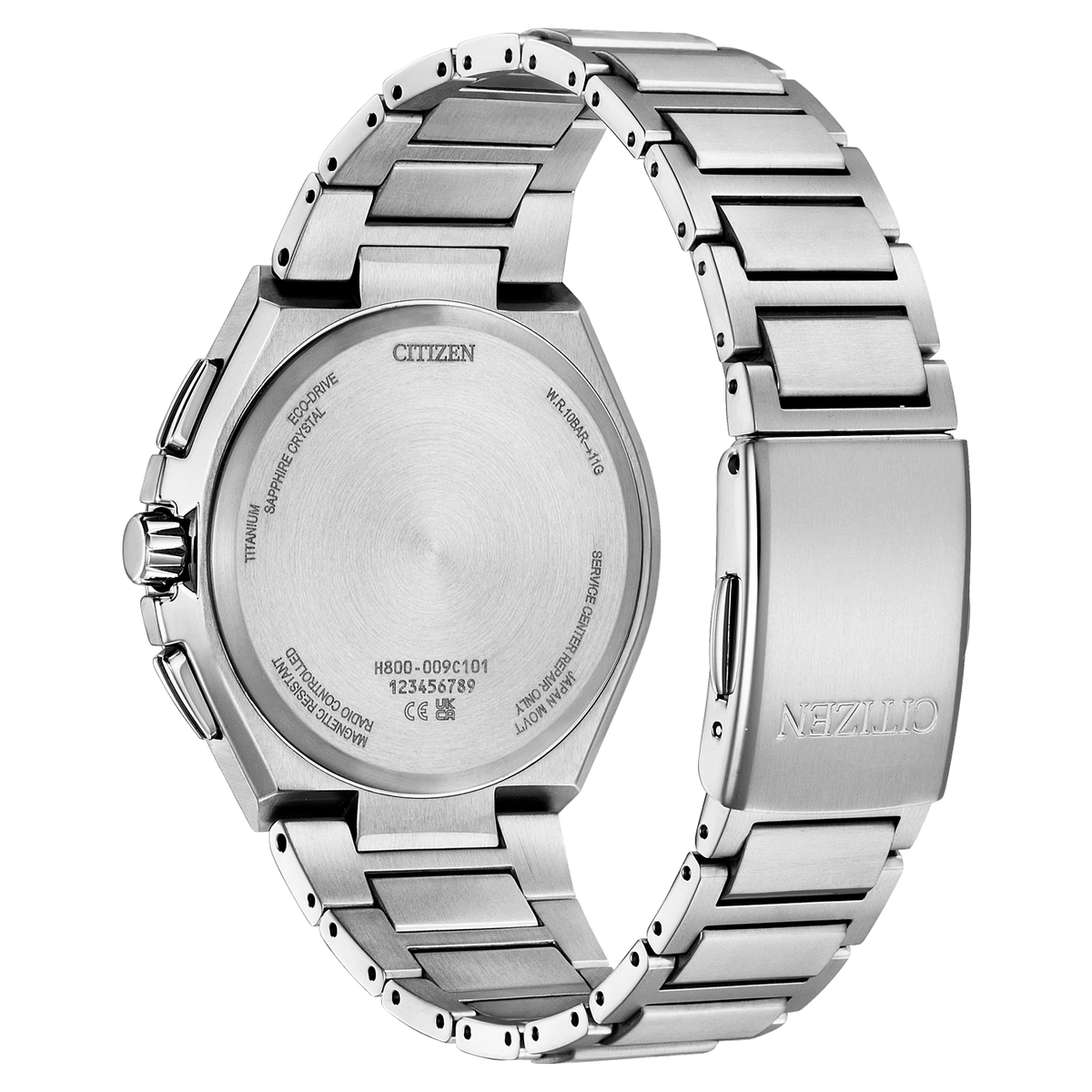 Dos d'une montre Citizen en titane avec bracelet en métal.