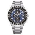 Montre Citizen Eco-Drive Radio Contrôlée avec cadran bleu et bracelet en argent.