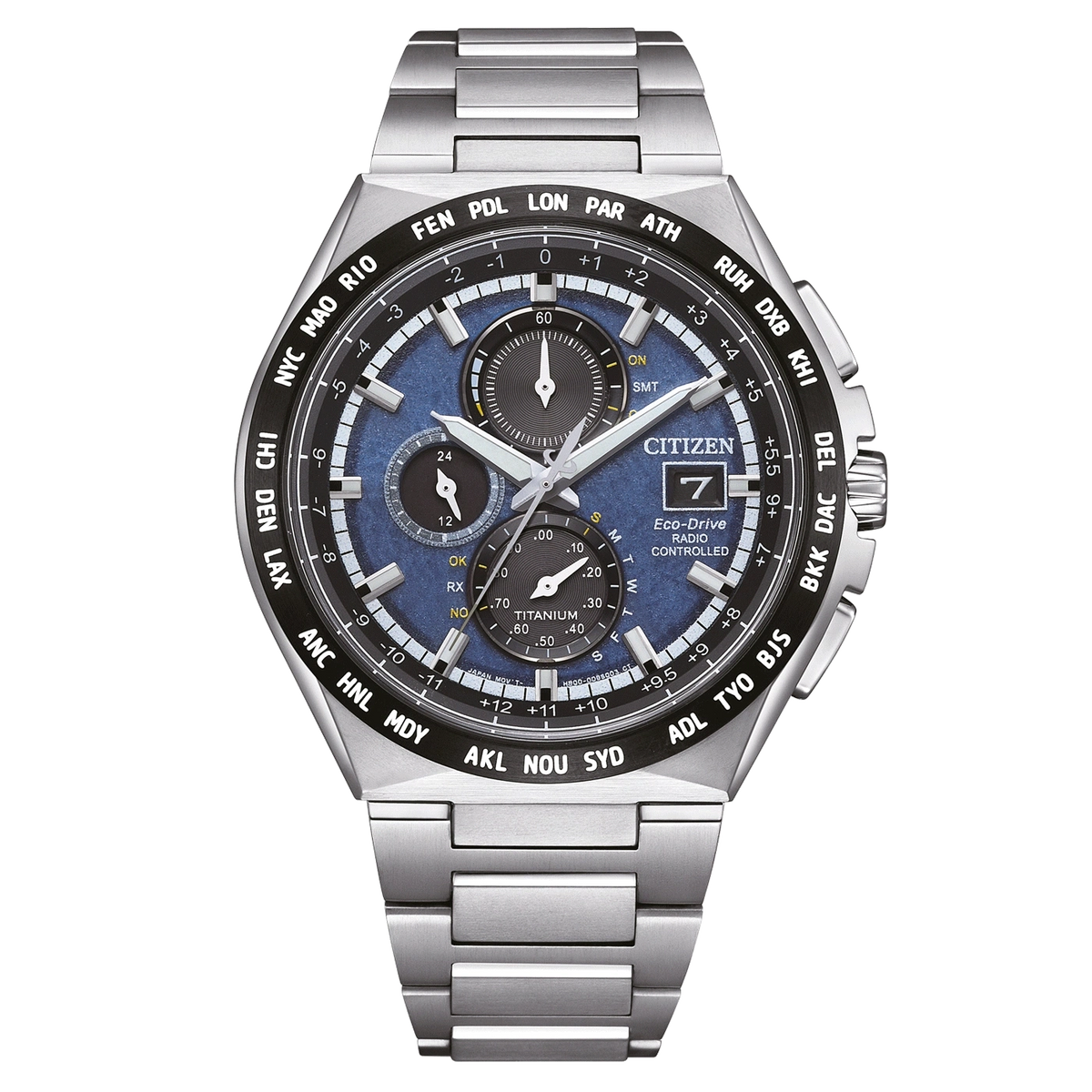 Montre Citizen Eco-Drive Radio Contrôlée avec cadran bleu et bracelet en argent.