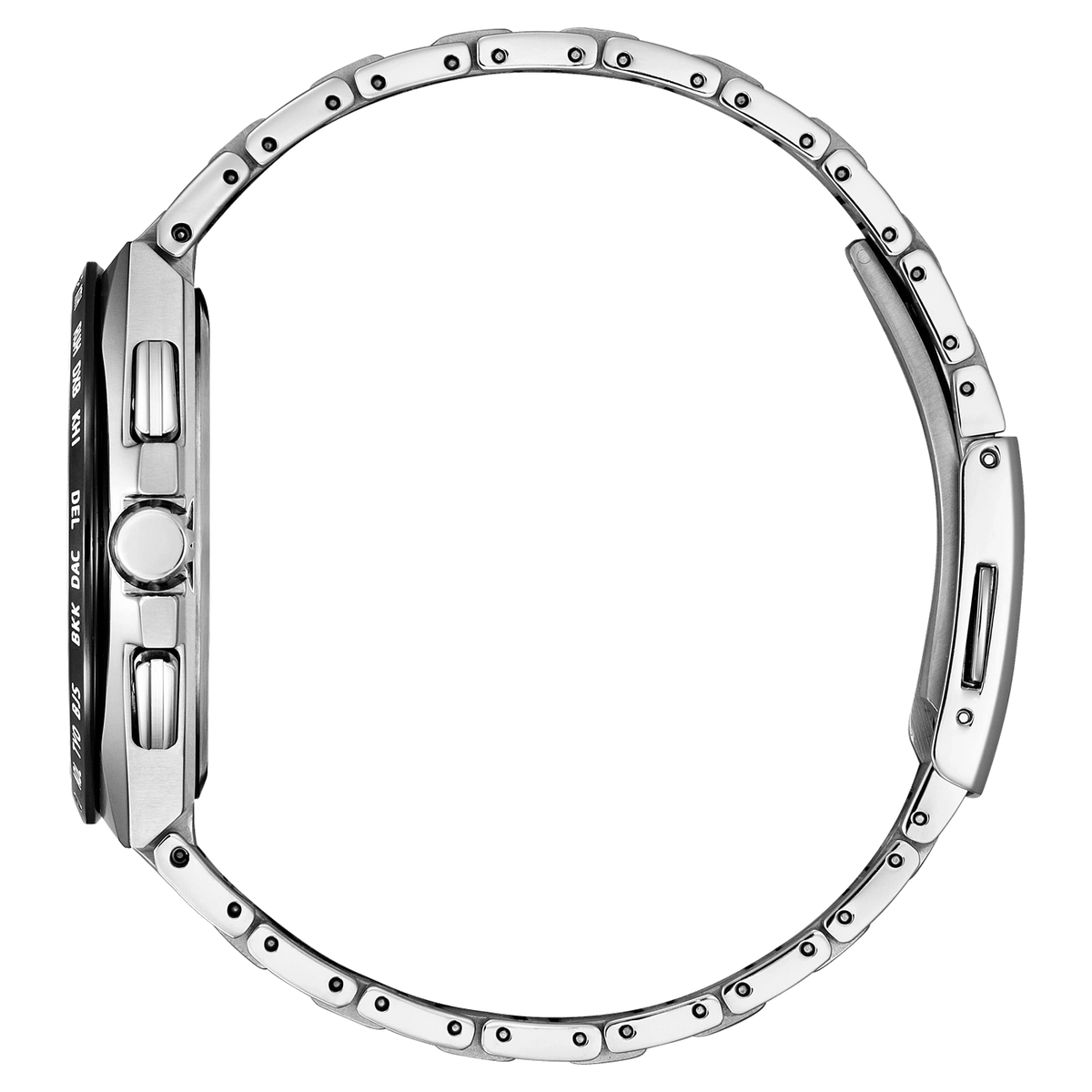Vue latérale d'une montre bracelet en métal argenté