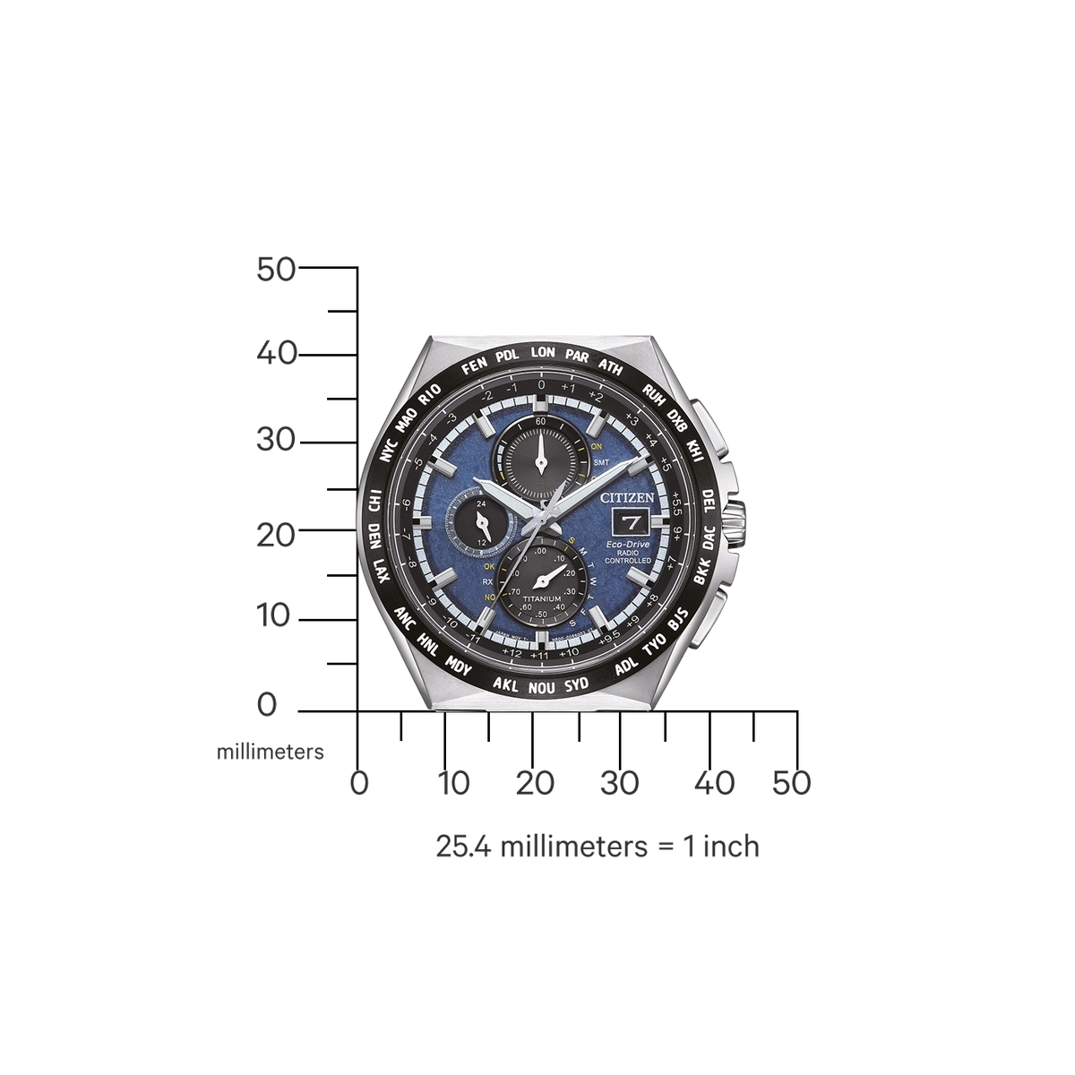 Montre Citizen Eco-Drive Radio Contrôlée avec des villes du monde sur la lunette.