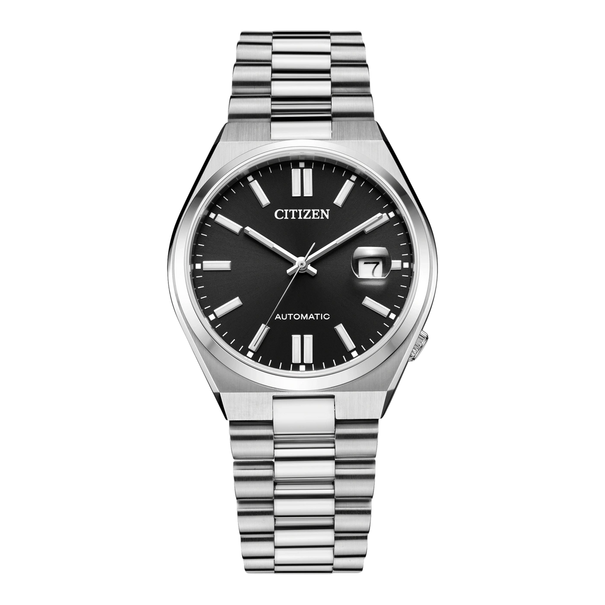 Montre Citizen automatique sur fond noir avec bracelet en argent.