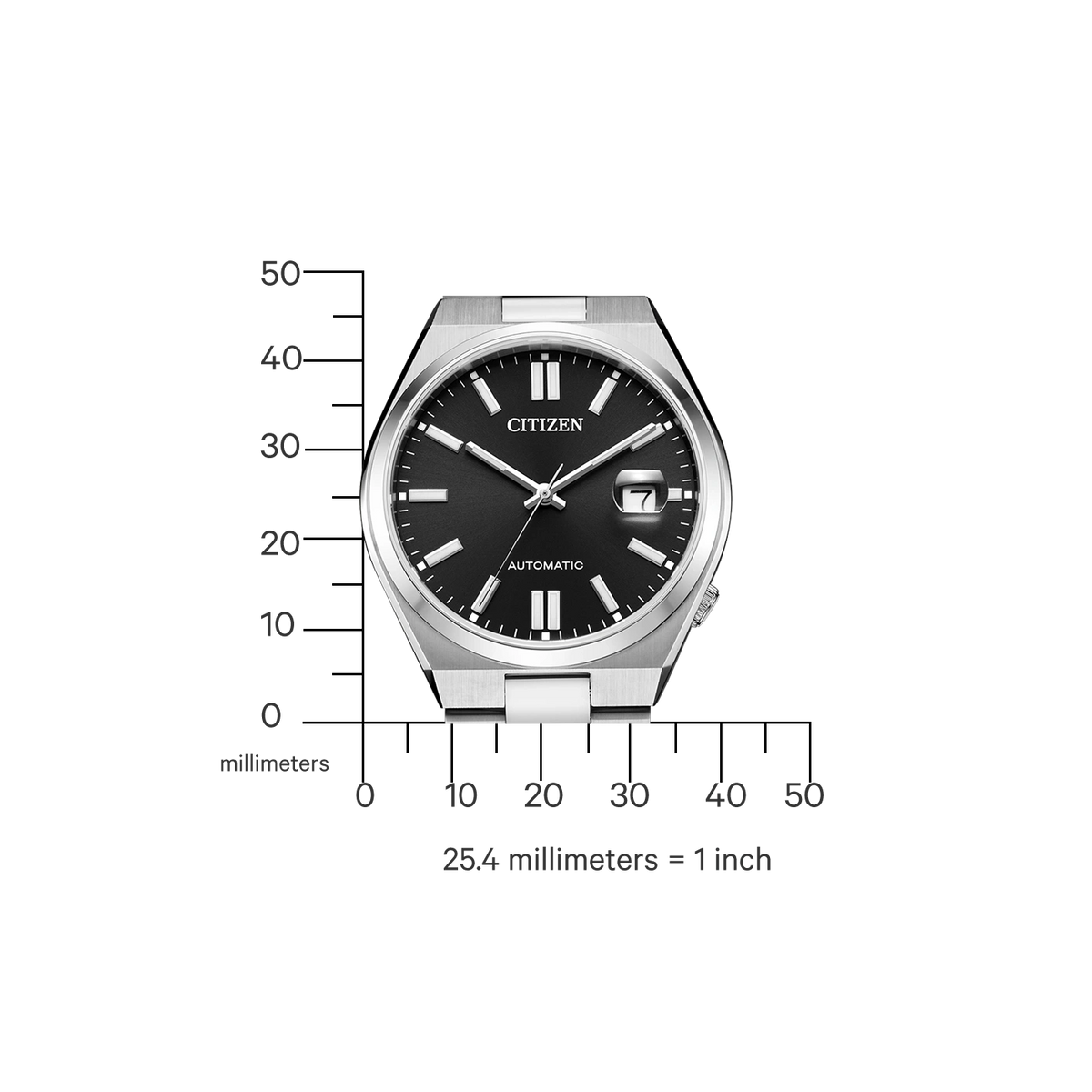 Montre Citizen automatique avec une échelle de mesure en millimètres.
