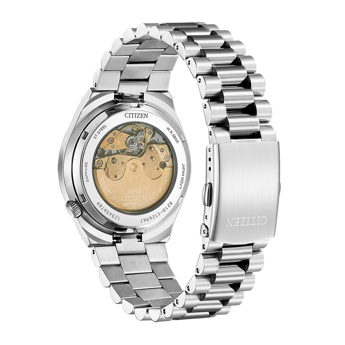 Le dos d'une montre Citizen en acier inoxydable avec mouvement apparent.