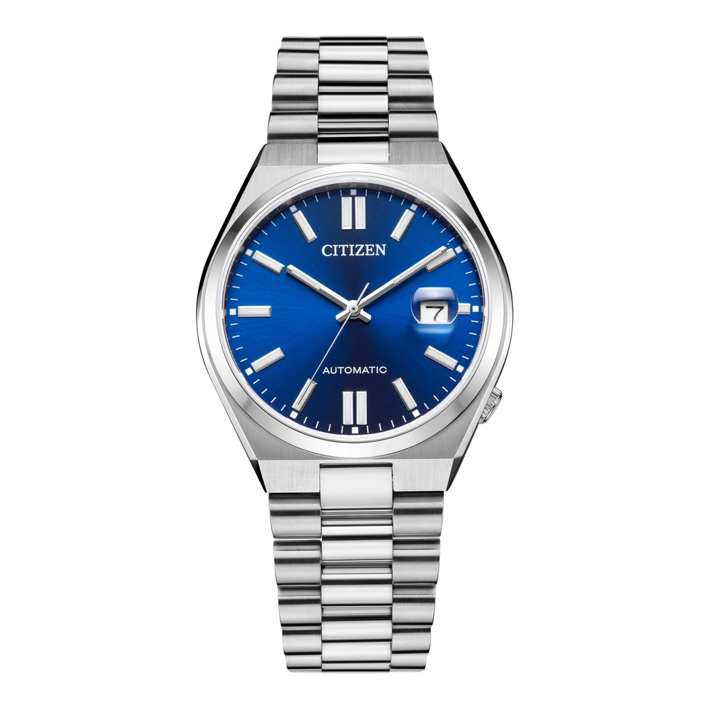 Montre homme Citizen avec cadran bleu et bracelet argenté.