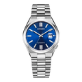 Montre homme Citizen avec cadran bleu et bracelet argenté.