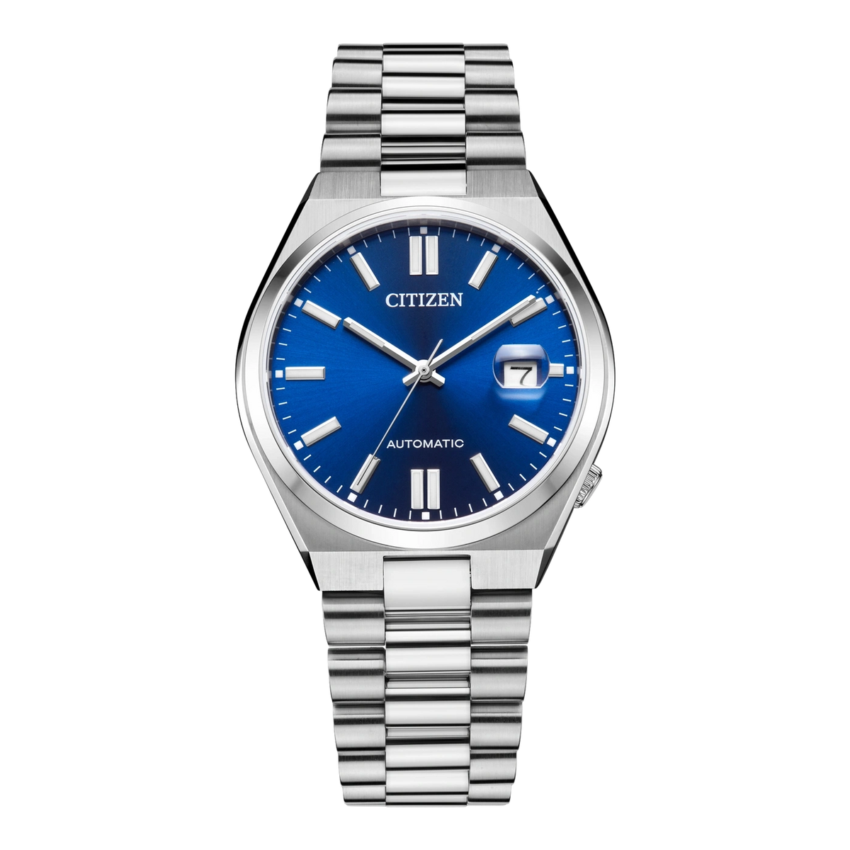 Montre homme Citizen avec cadran bleu et bracelet argenté.