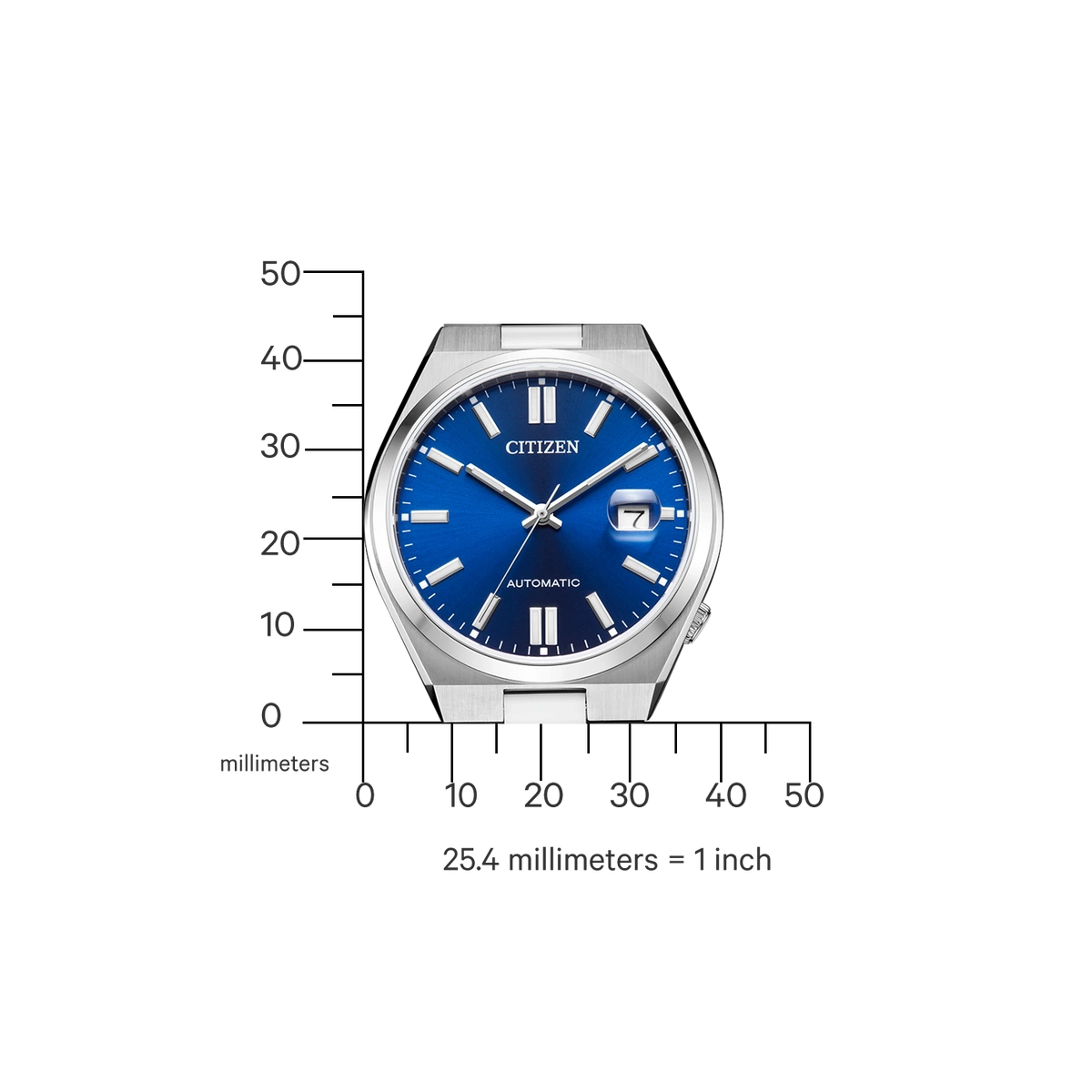 Une montre automatique Citizen bleue avec une règle millimétrée à côté.
