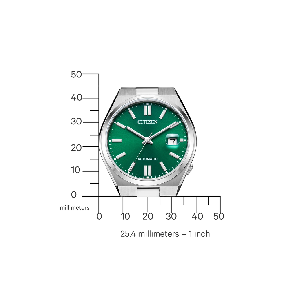 Montre Citizen verte avec une règle graduée en millimètres sur le côté.