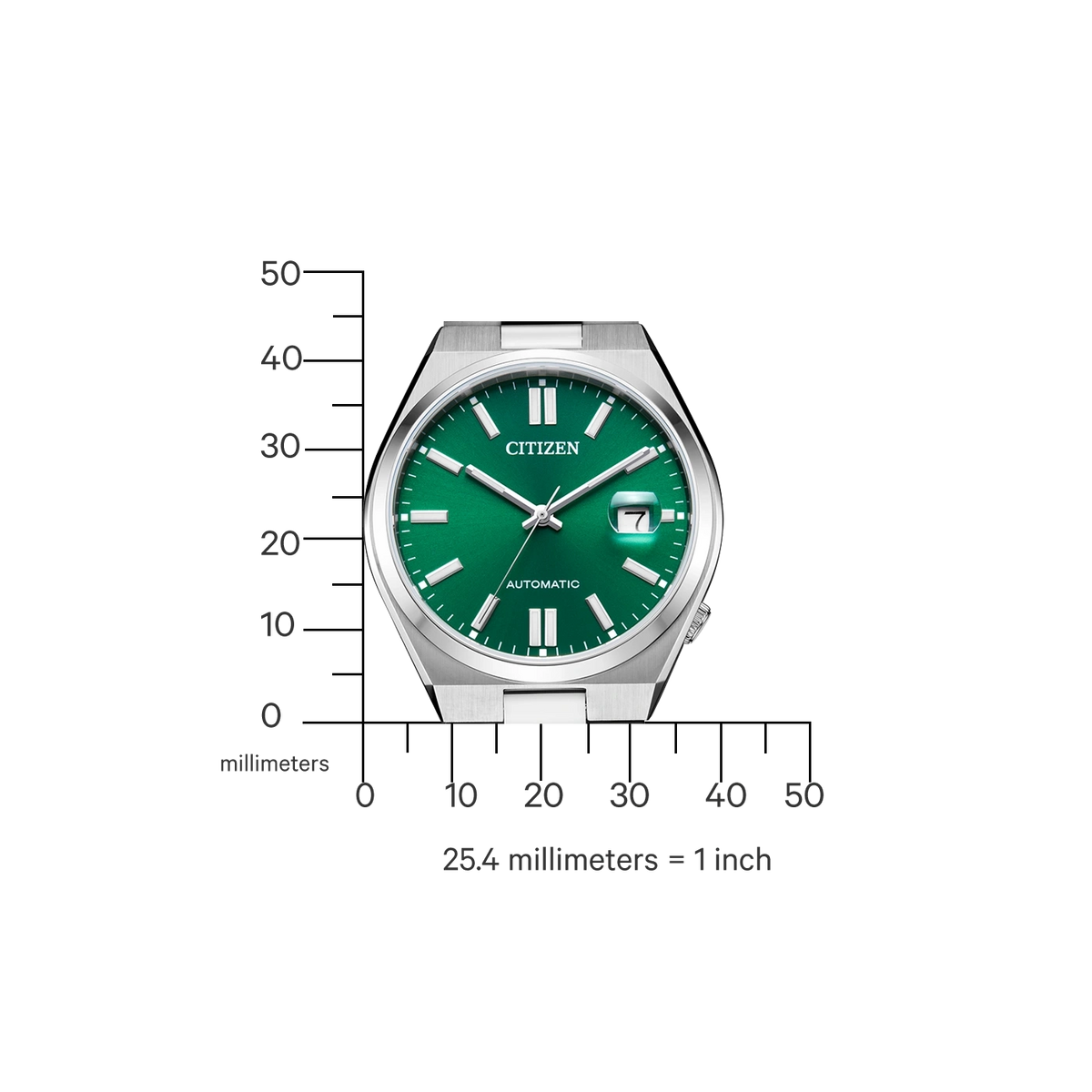 Montre Citizen verte avec une règle graduée en millimètres sur le côté.