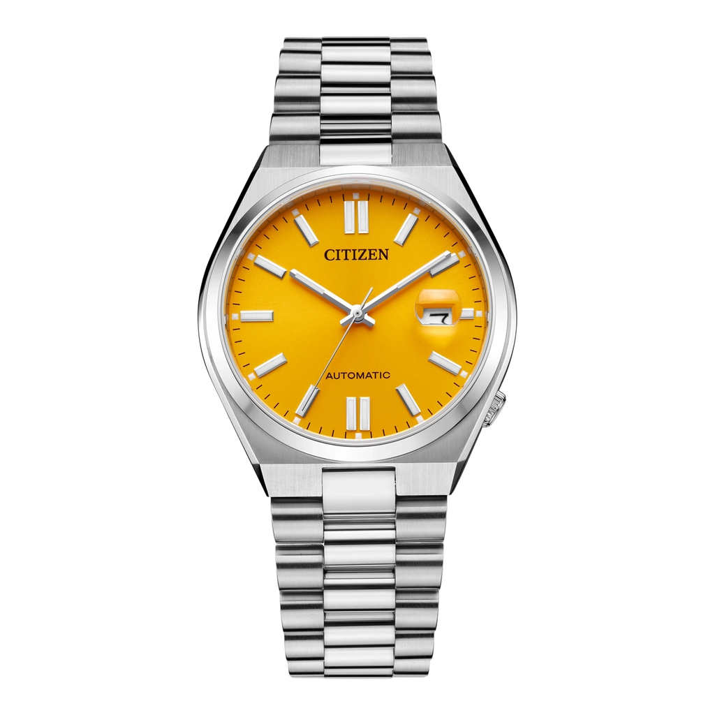 Montre Citizen automatique avec cadran jaune vif et bracelet en argent.