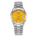Montre Citizen automatique avec cadran jaune vif et bracelet en argent.