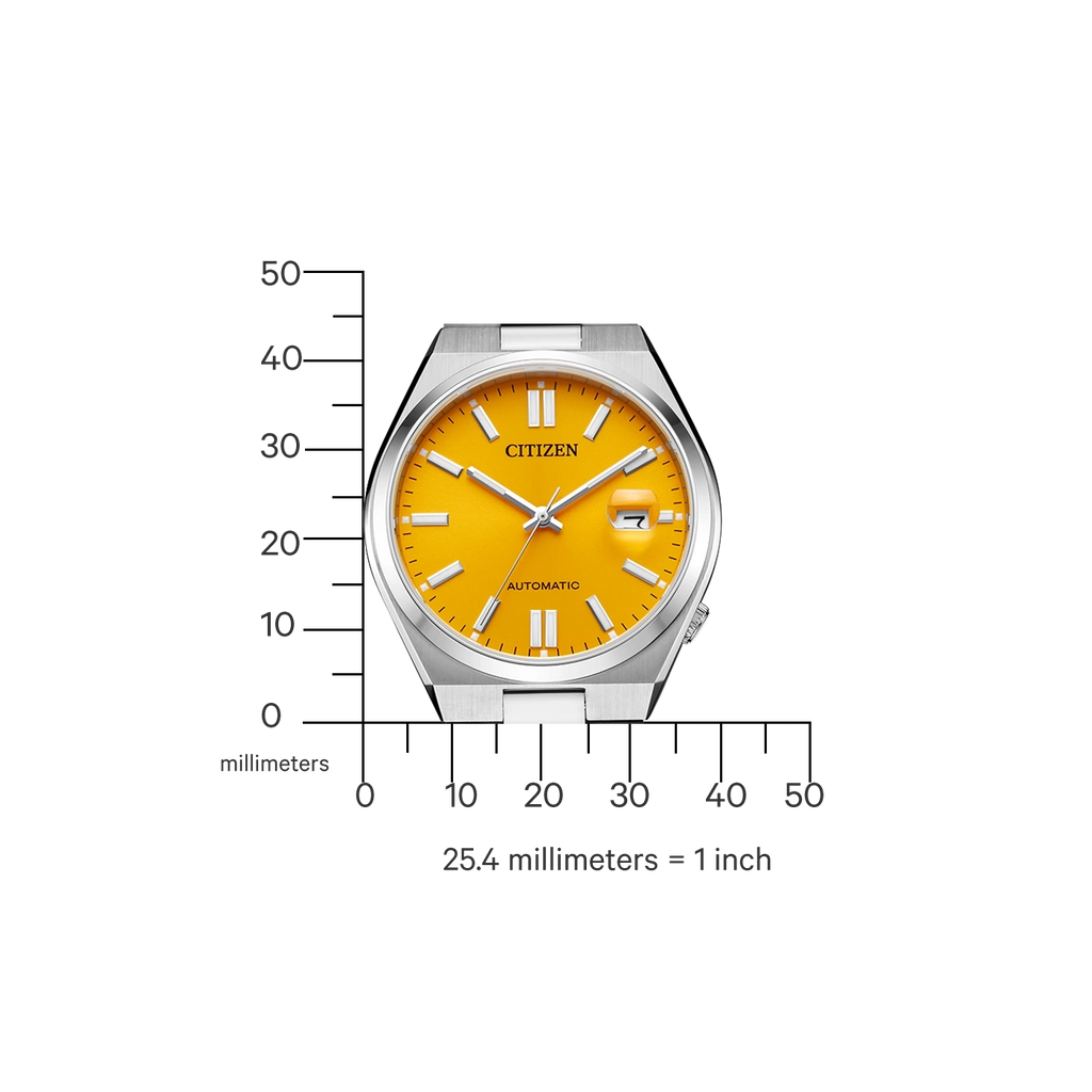 Une montre Citizen automatique jaune avec une règle graduée