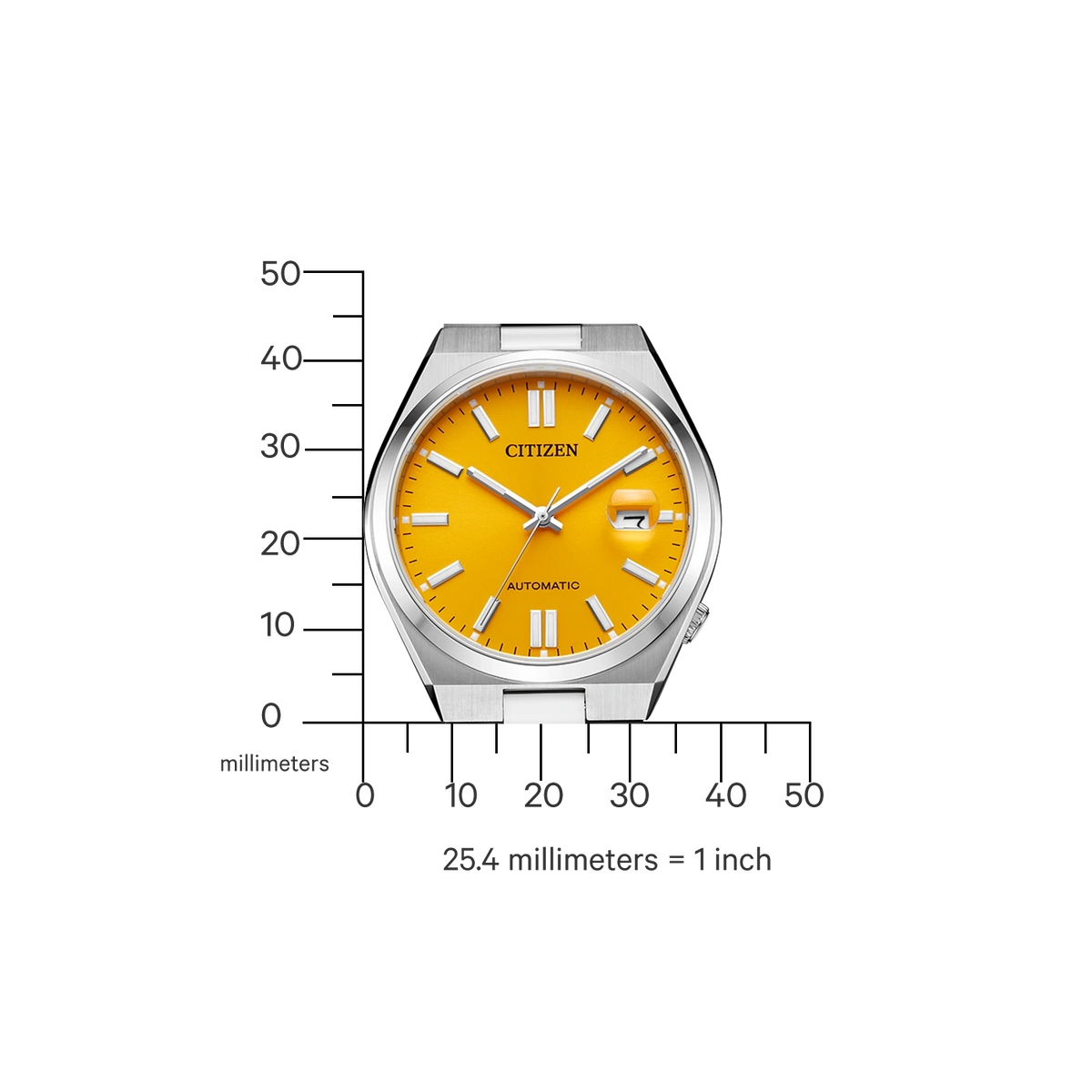 Une montre Citizen automatique jaune avec une règle graduée