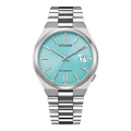 Une montre Citizen automatique bleue avec bracelet argenté.
