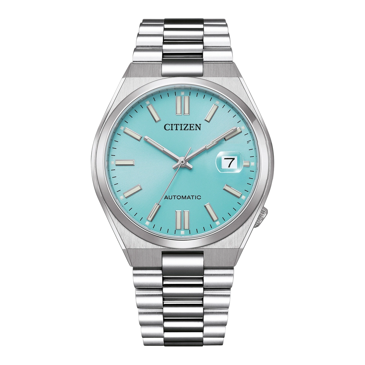 Une montre Citizen automatique bleue avec bracelet argenté.