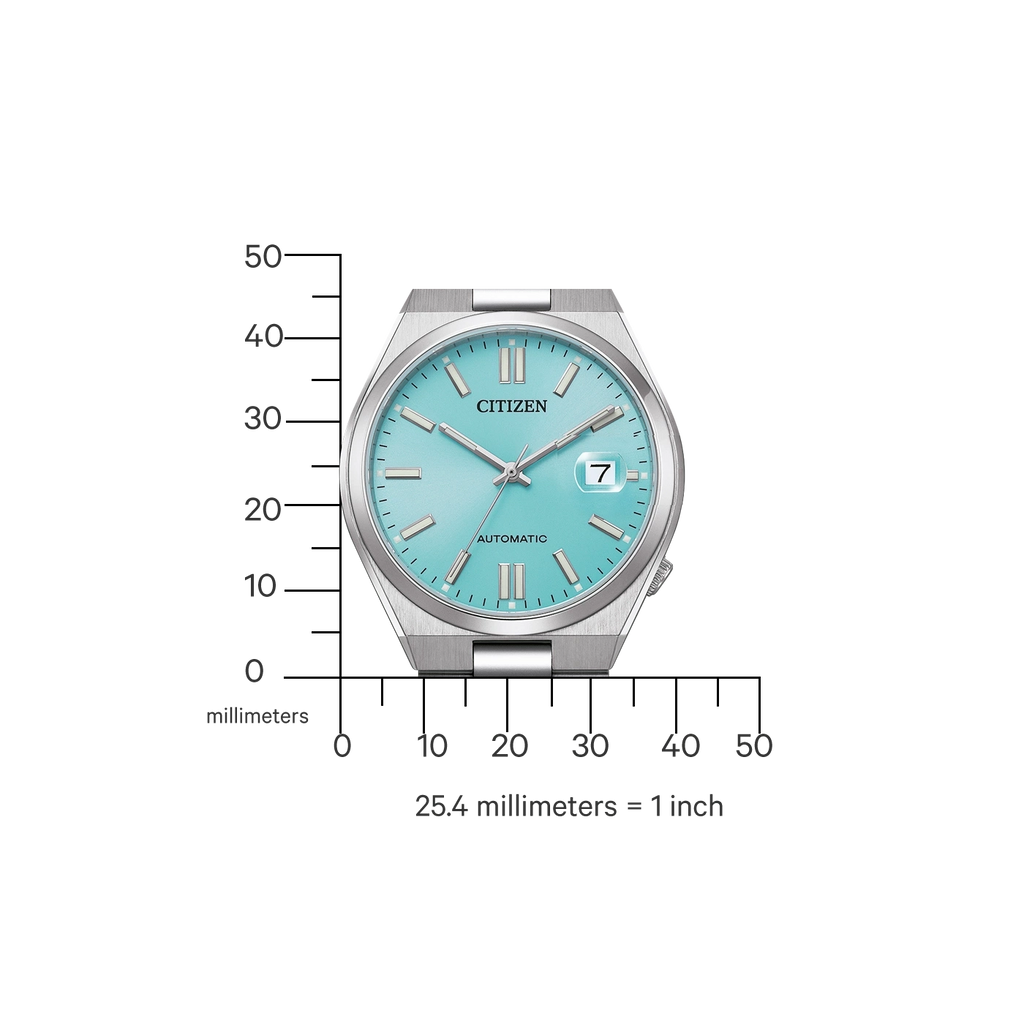 Montre Citizen bleue avec une échelle millimétrique.