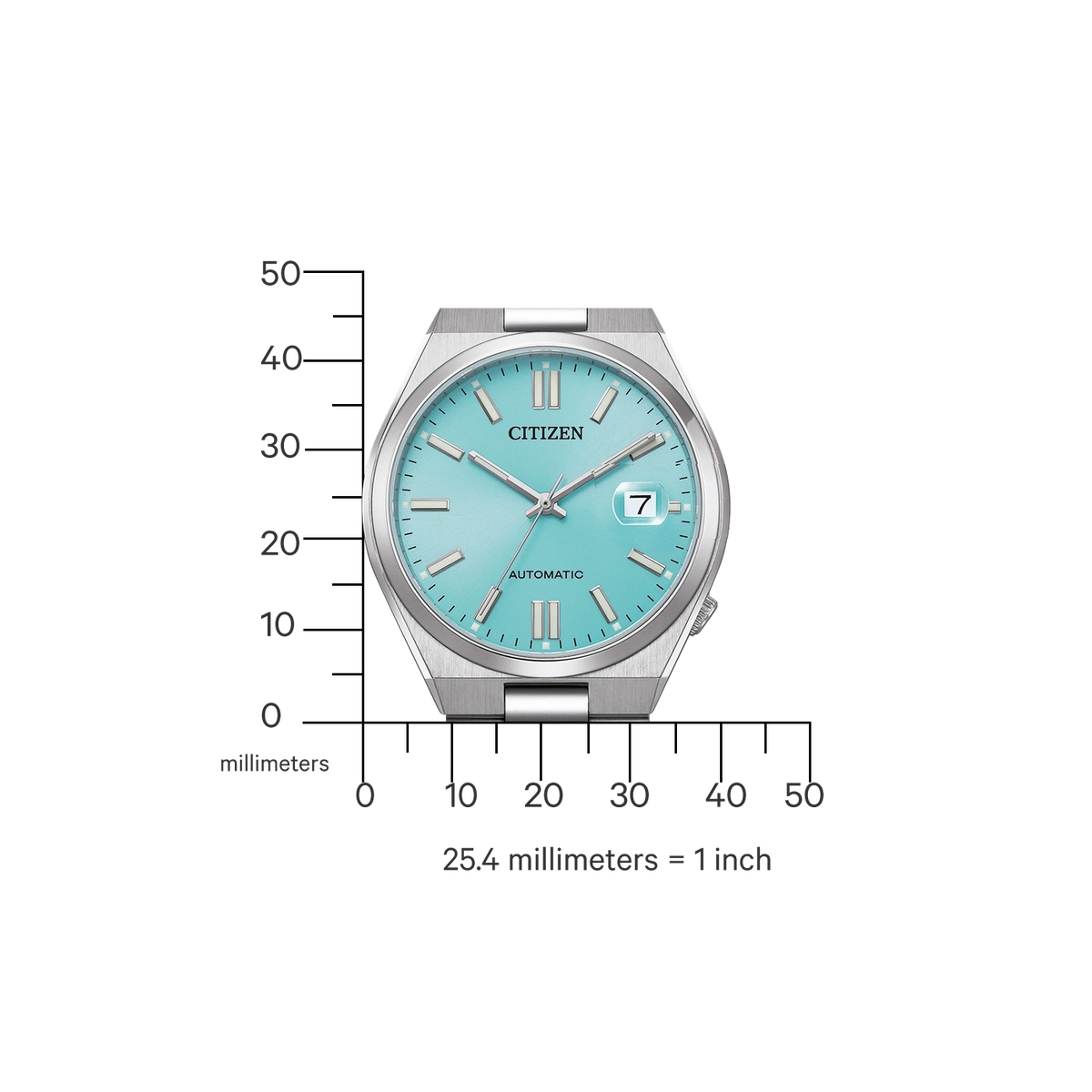 Montre Citizen bleue avec une échelle millimétrique.