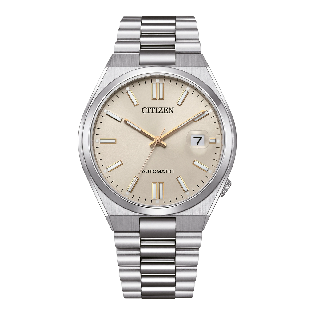 Montre Citizen automatique avec cadran champagne et bracelet en argent.