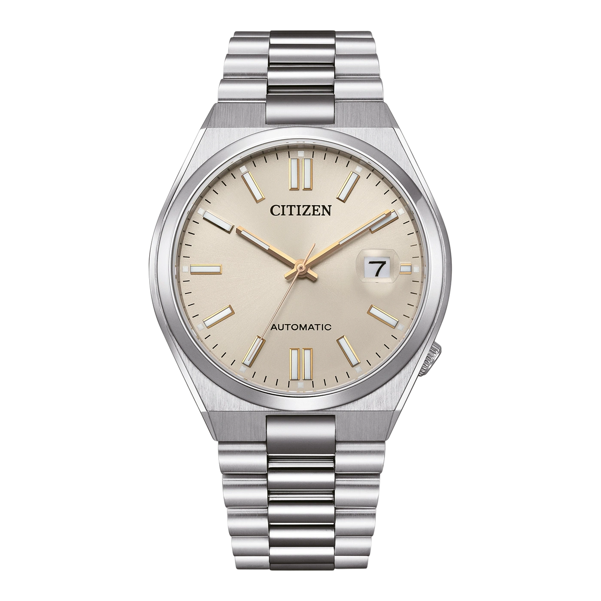 Montre Citizen automatique avec cadran champagne et bracelet en argent.