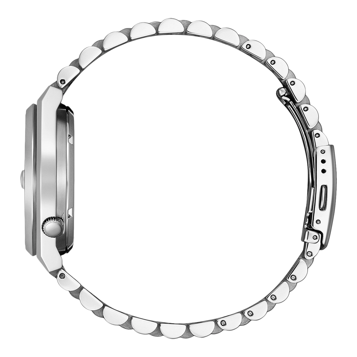 Gros plan d'une montre bracelet en argent sur fond noir