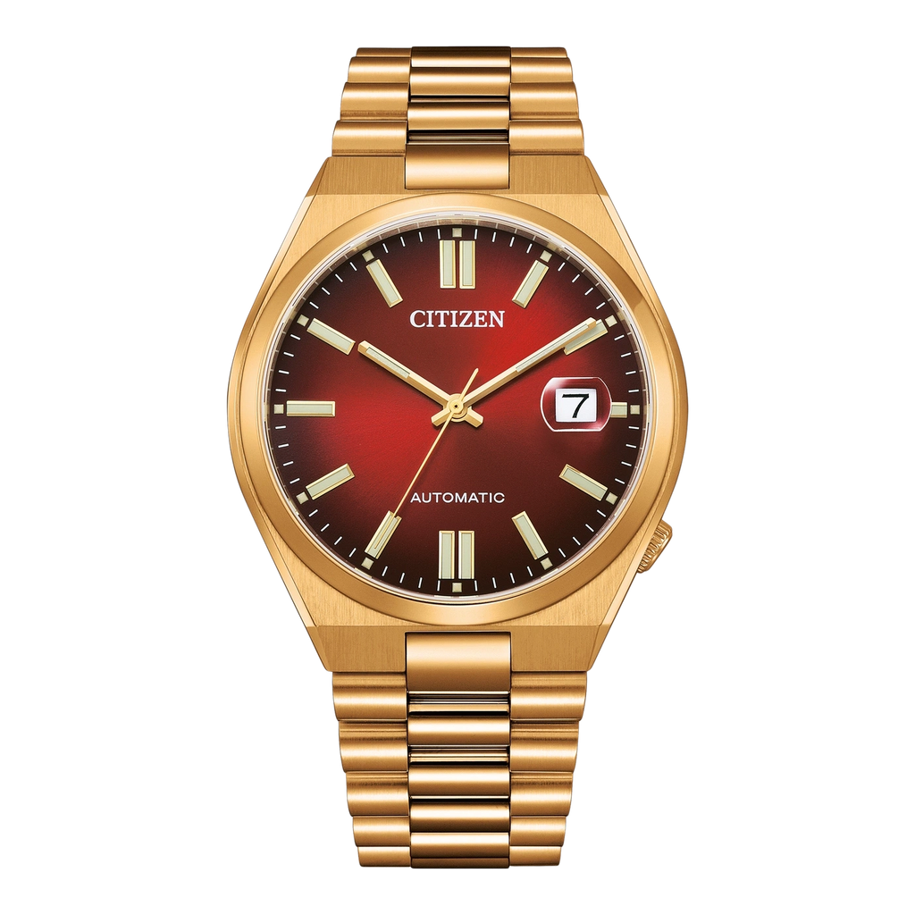Une montre Citizen dorée avec un cadran rouge et un bracelet métallique.