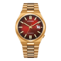 Une montre Citizen dorée avec un cadran rouge et un bracelet métallique.