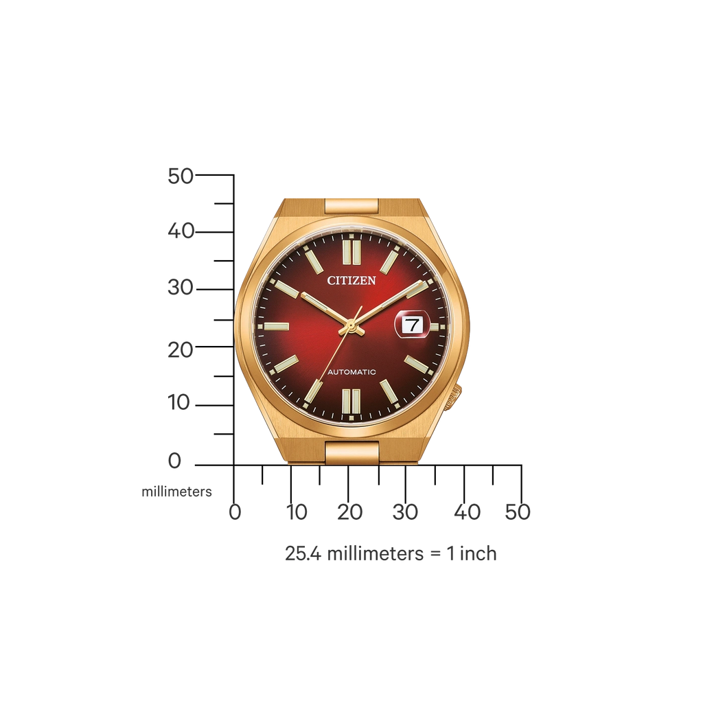 Une montre Citizen dorée avec un cadran rouge est mesurée.