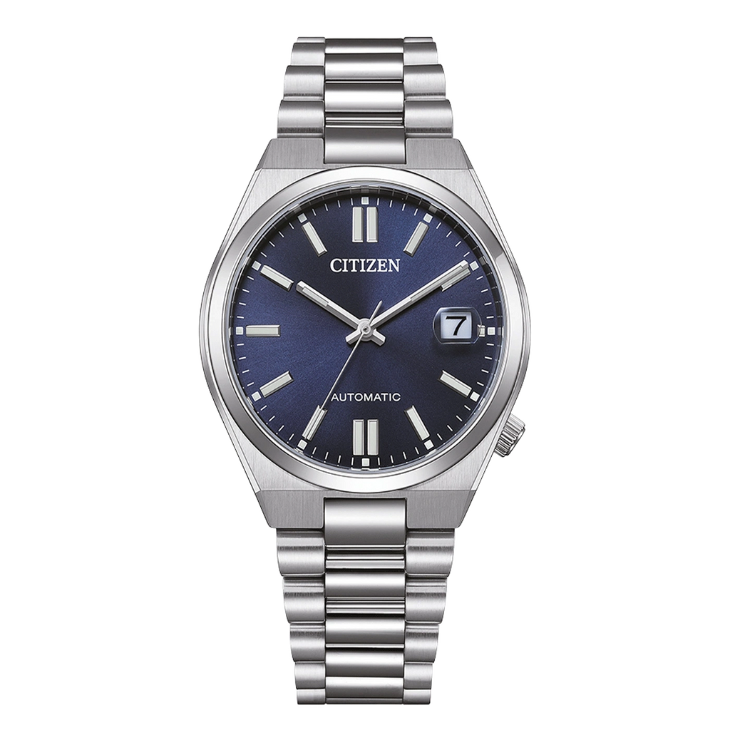 Montre Citizen automatique avec cadran bleu et bracelet en métal.