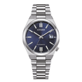 Montre Citizen automatique avec cadran bleu et bracelet en métal.