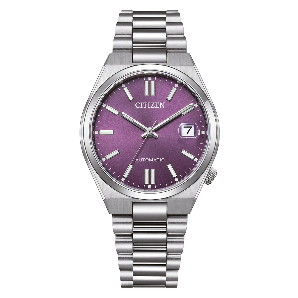 Montre Citizen automatique avec cadran violet et bracelet en argent.