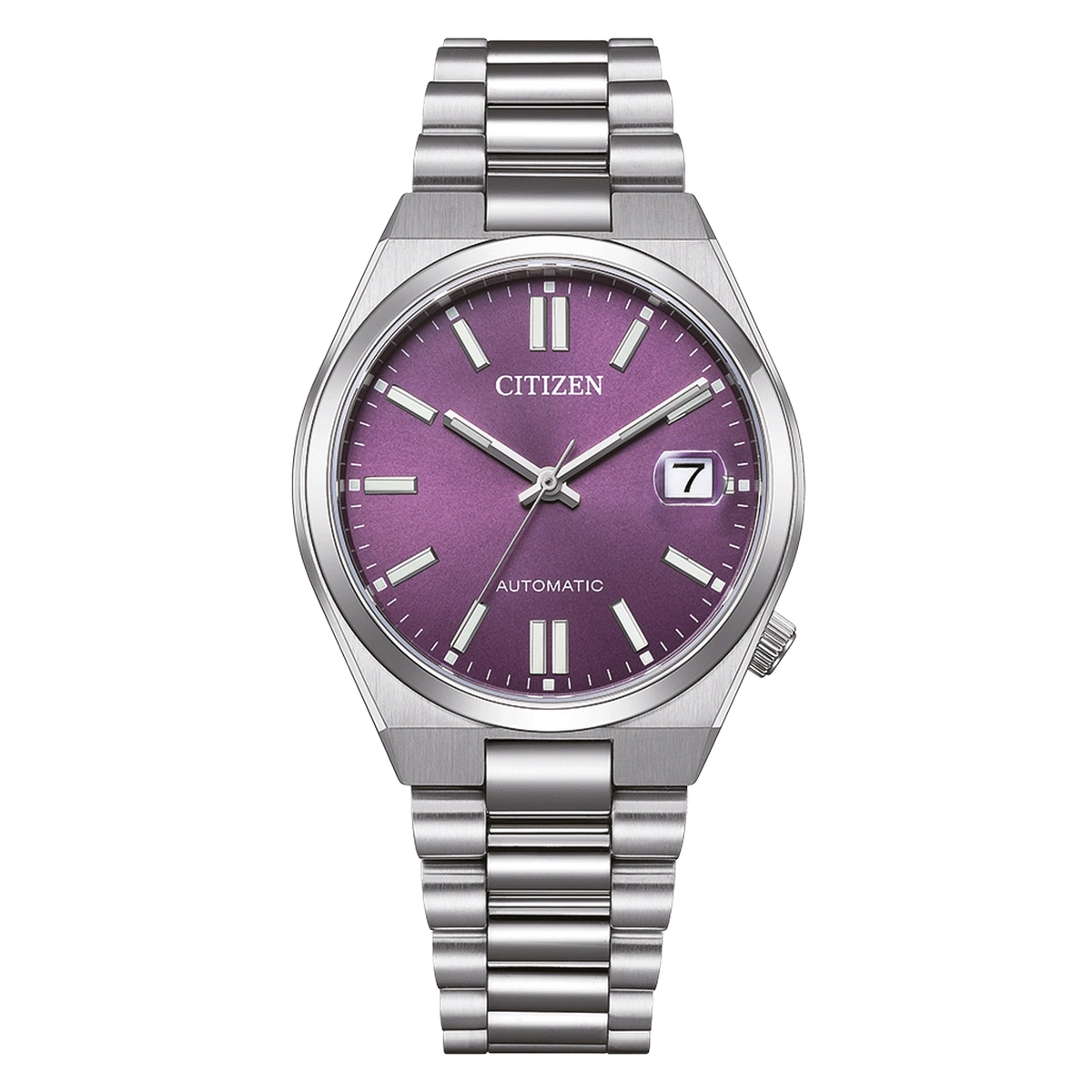 Montre Citizen automatique avec cadran violet et bracelet en argent.