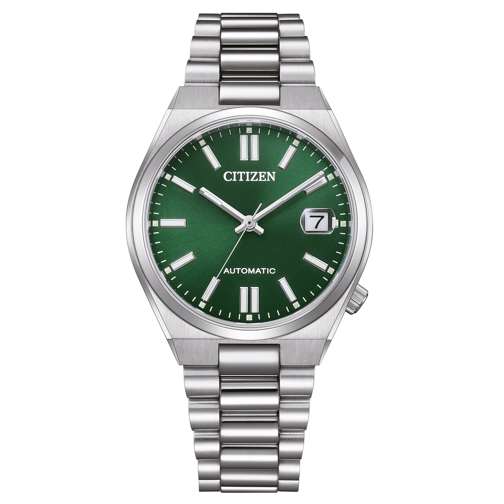 Montre Citizen verte à bracelet métallique, avec date.