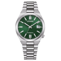 Montre Citizen verte à bracelet métallique, avec date.