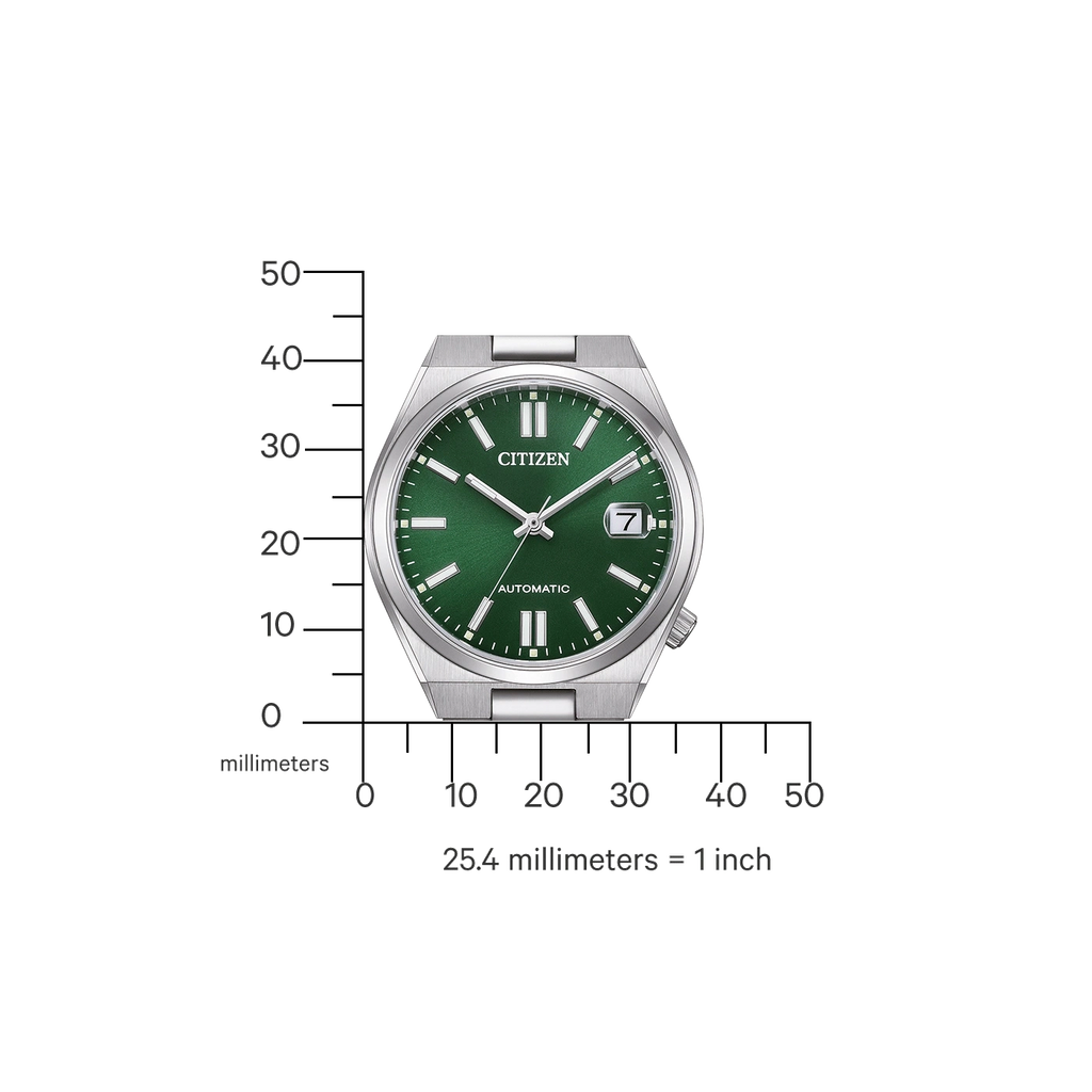 Montre Citizen verte avec une règle millimétrée à côté.