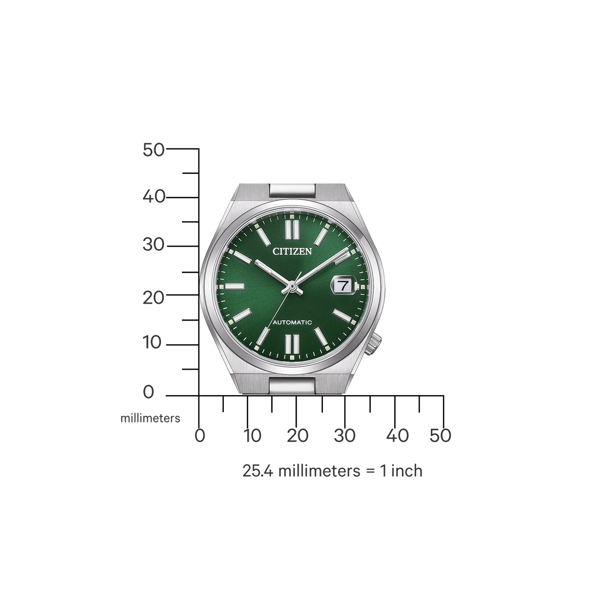 Montre Citizen verte avec une règle millimétrée à côté.
