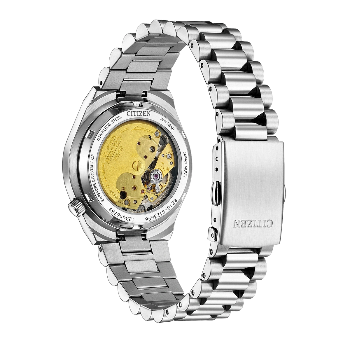 Vue arrière d'une montre Citizen en acier inoxydable avec mouvement apparent
