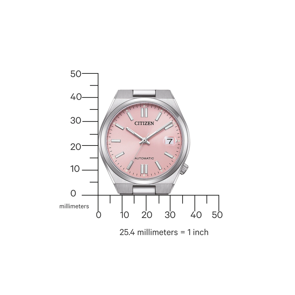 Une montre Citizen rose avec une règle graduée en millimètres
