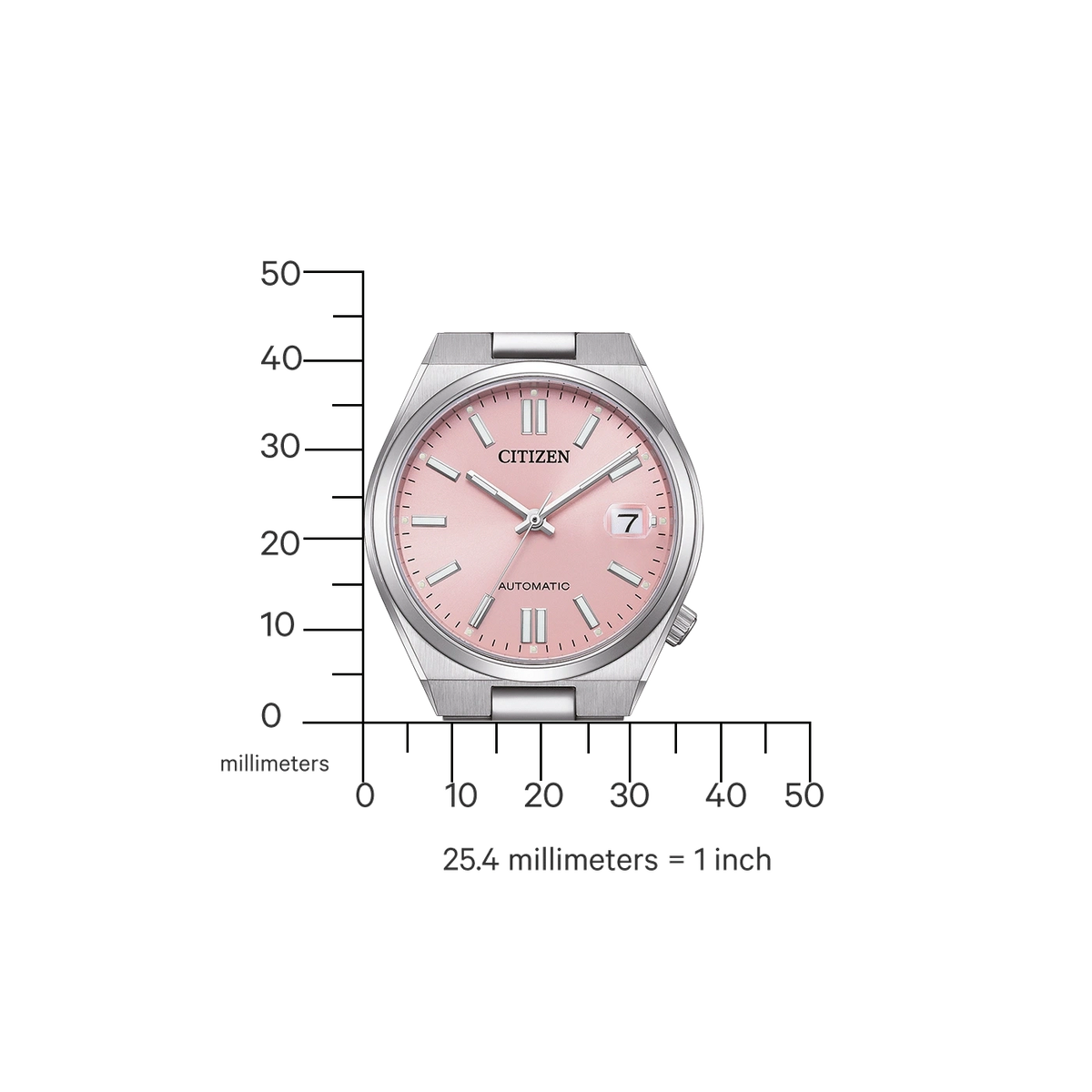 Une montre Citizen rose avec une règle graduée en millimètres