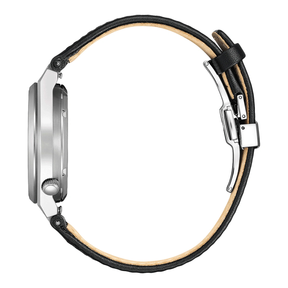 Montre à bracelet en cuir noir et boucle déployante en argent