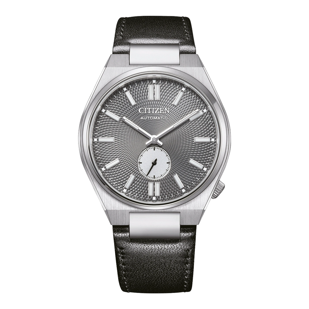 Montre Citizen automatique argentée avec bracelet en cuir noir