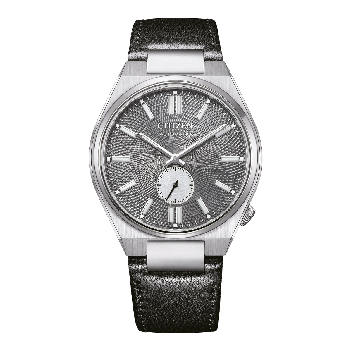 Montre Citizen automatique argentée avec bracelet en cuir noir