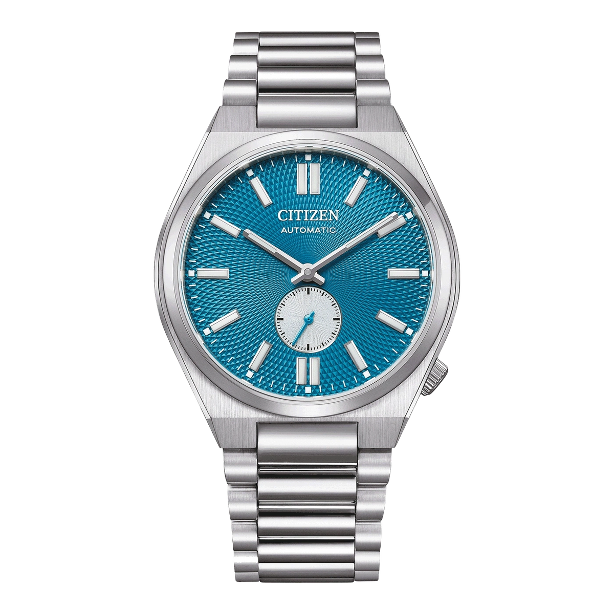 Montre Citizen automatique avec cadran bleu et bracelet en métal.