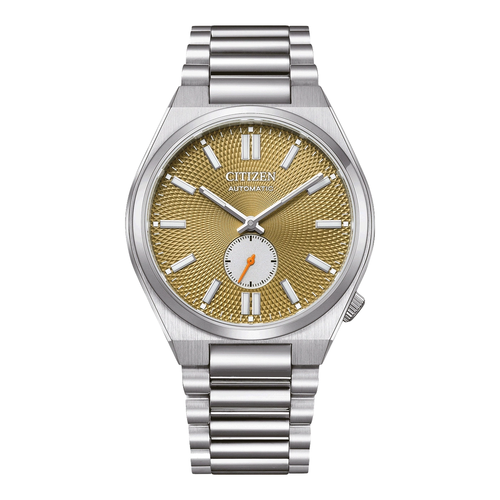 Montre Citizen automatique avec cadran doré et bracelet en argent.