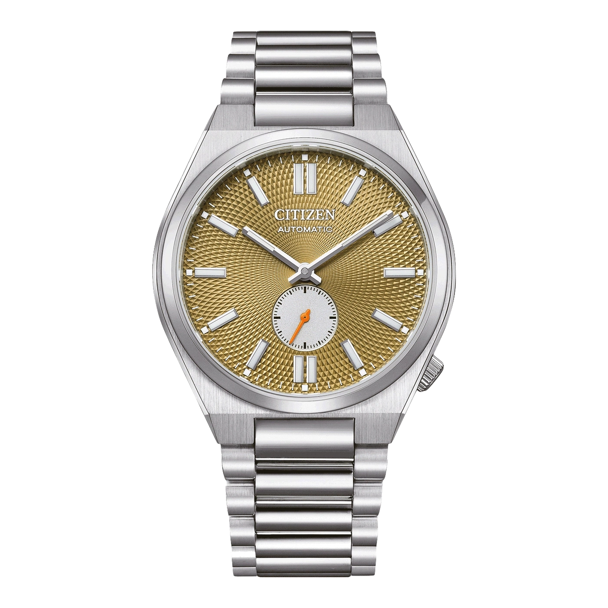 Montre Citizen automatique avec cadran doré et bracelet en argent.